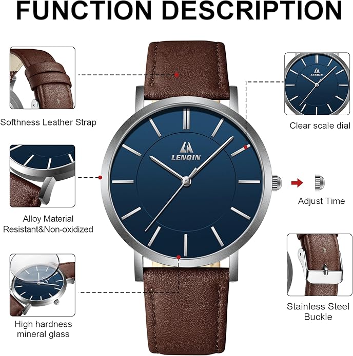 LN LENQIN Mens Watches Watches for Men Analog Quartz Watch 30M Waterproof Men's Wrist Watch Minimalist Fashion Business Mens Dress Designer Watch with Leather Band