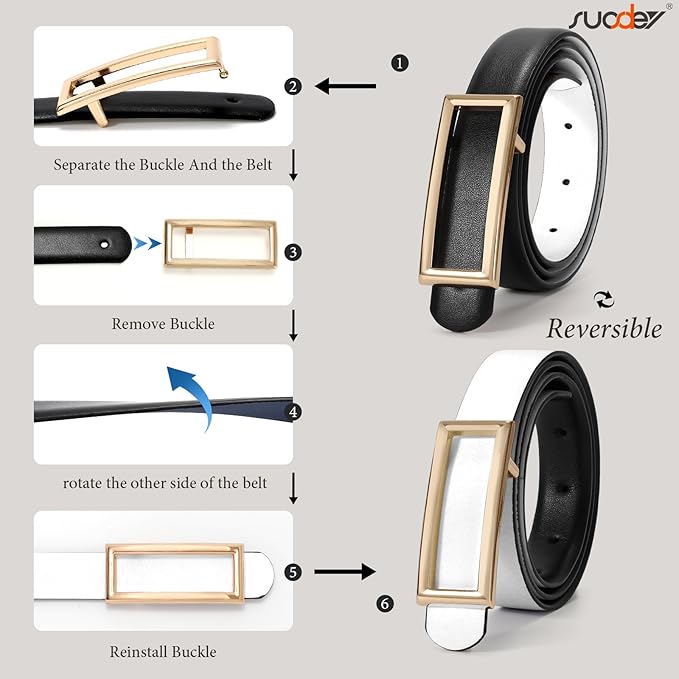 SUOSDEY Women Reversible Leather Belts for Jeans Pants Dresses Ladies Fashion Belts with Gold Buckle, 0.9" Width