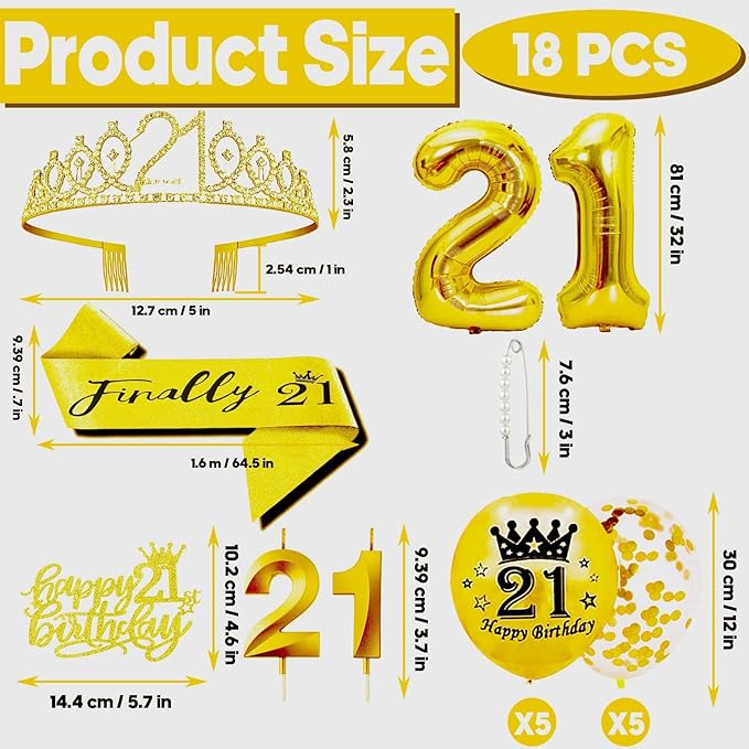 Girls 21st Birthday Decorations Set, Include Crown and Sash, Cake Topper and Candles, Gold Balloons, Party Supplies