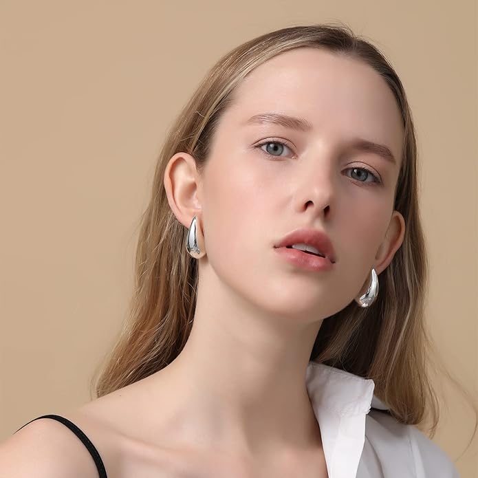 Apsvo Chunky 14K Gold Plated Hoop Earrings for Women, Lightweight Waterdrop Hollow Open Hoops, Hypoallergenic Dupes Earrings