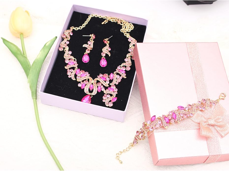 Jewelry Set for Women, Statement Necklace Dangle Earrings Bracelet Ring, White/KC Gold Plated Jewelry Set with Rhinestone Pearl Crystal Wedding Party Jewelry for Bridal Bridesmaid