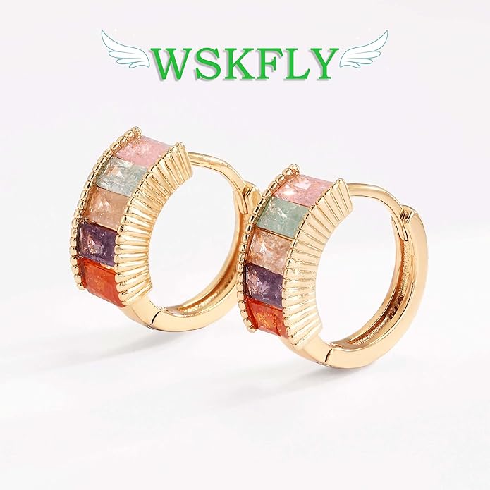 14K Gold Plated Cubic Zirconia Hoop Earrings,Three Row Diamon | Arrows | Double Row of Diamonds Huggie Earrings for Women