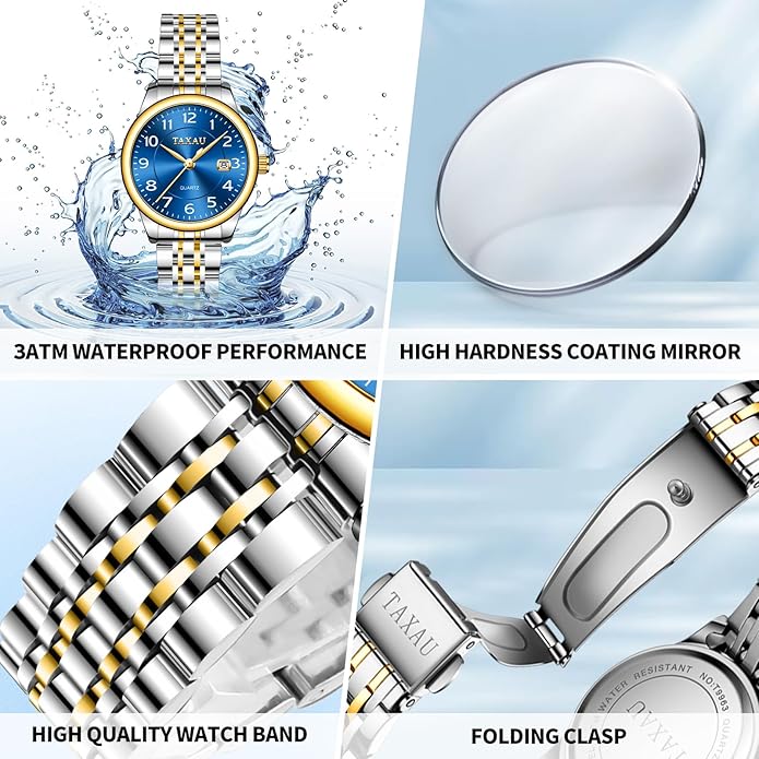 Gold Silver Two Tone Women Stainless Steel Watch Small Wrist ElegantDress Watch for Women Fashion Luxury Waterproof Day Date Analog Quartz Ladies Watches