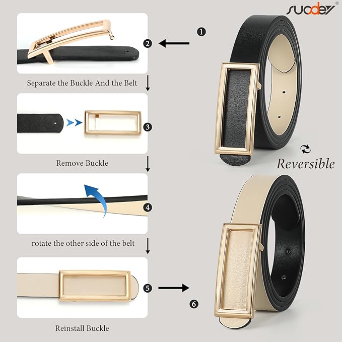 SUOSDEY Women Reversible Leather Belts for Jeans Pants Dresses Ladies Fashion Belts with Gold Buckle, 0.9" Width