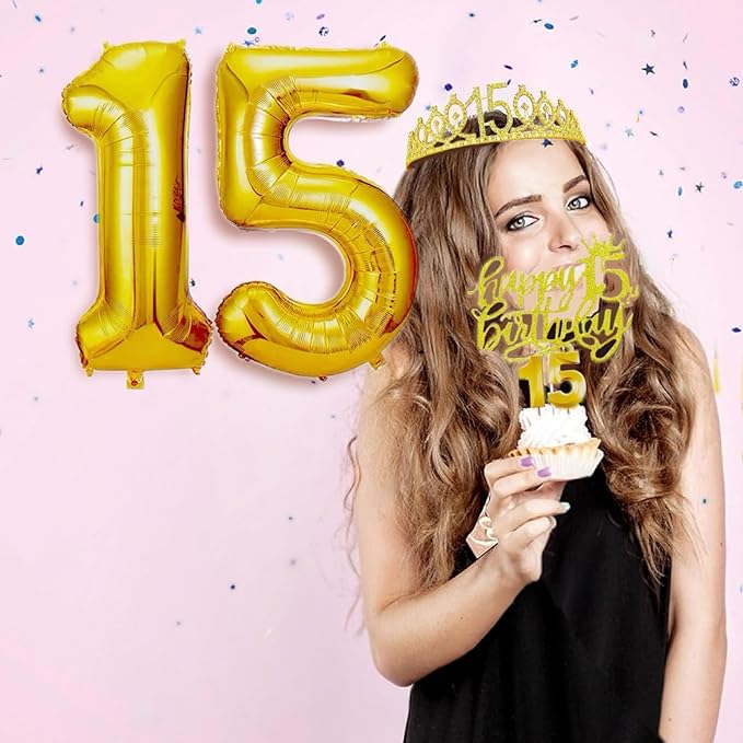 15th Birthday Decorations for Her Girls Set, Include 15th Birthday Crown and 15 Sash, 15th Birthday Cake Topper and 15 Birthday Candles, Gold 15 Balloons, Women 15th Party Supplies(Gold)