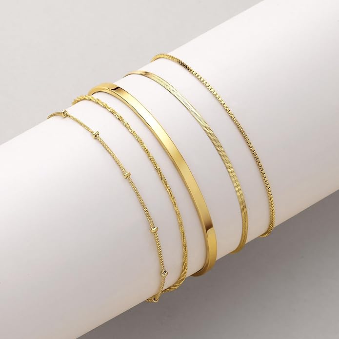 Dainty Thin Gold Bracelet for Women Stack, 14K Gold Plated Bracelet Stackable Set with Bangle Cuff, Box, Herringbone, Paperclip, Figaro, Sparkling Link Chains, Simple Waterproof Non Tarnish Minimalist Gifts for Women Trendy