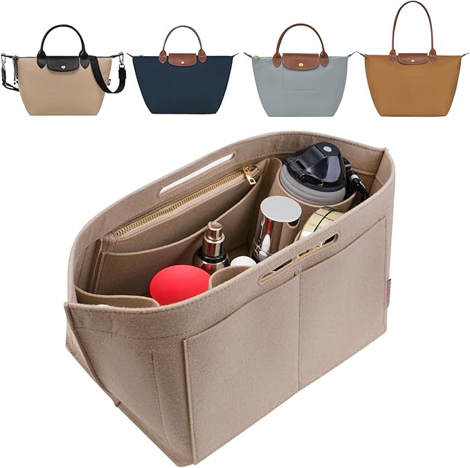 ZTUJO Purse Organizer Insert For Longchamp Le Pliage, Premium Felt Longchamp Purse Organizer Insert Small Medium Large, Tote Organizer Insert (Beige, Large For Top Handle M And Shoulder Bag L)