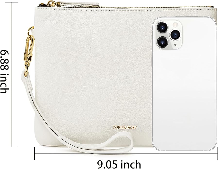 DORIS&JACKY Lambskin Leather Wristlet Clutch Purse for Women Soft Designer Slim Cell Phone Pouch Bag with Detachable Strap