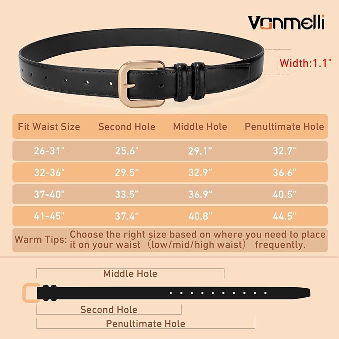 VONMELLI Leather Belts for Women Fashion Wasit Ladies Belt for Jeans Pants Dresses with Pin Buckle