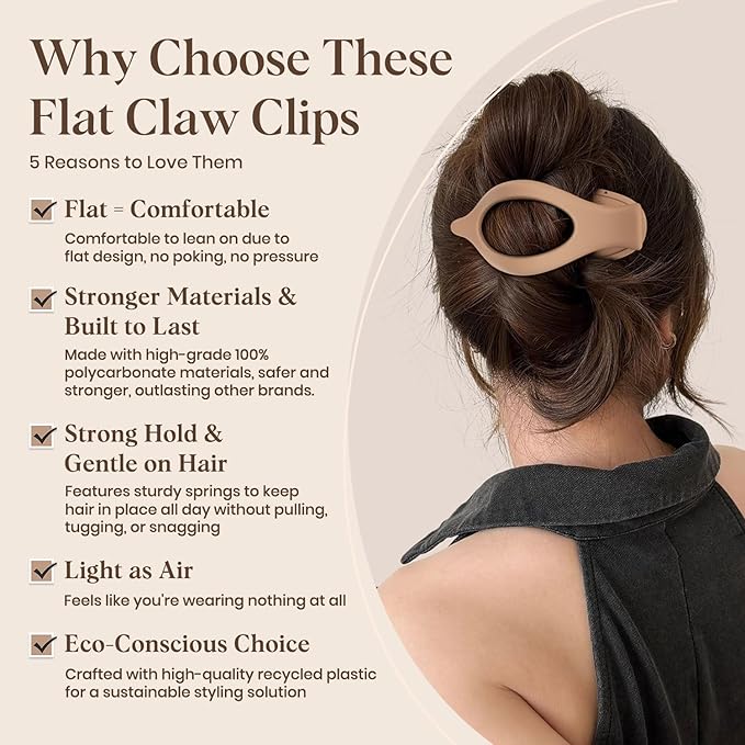 6 PCS Large Flat Hair Clips for Women Girls, French Concord Lay Down Claw Clips for Thick Thin Hair, Comfortable Curved Flat Clips, Matte Non-slip Strong Hold Hair Accessories, Brown