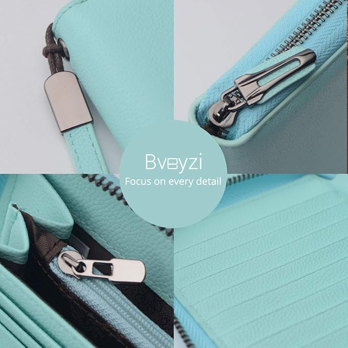 Women's Genuine Leather RFID Blocking Zip Around Wallet with Phone Pocket Large Capacity Travel Wristlet (Light Blue)