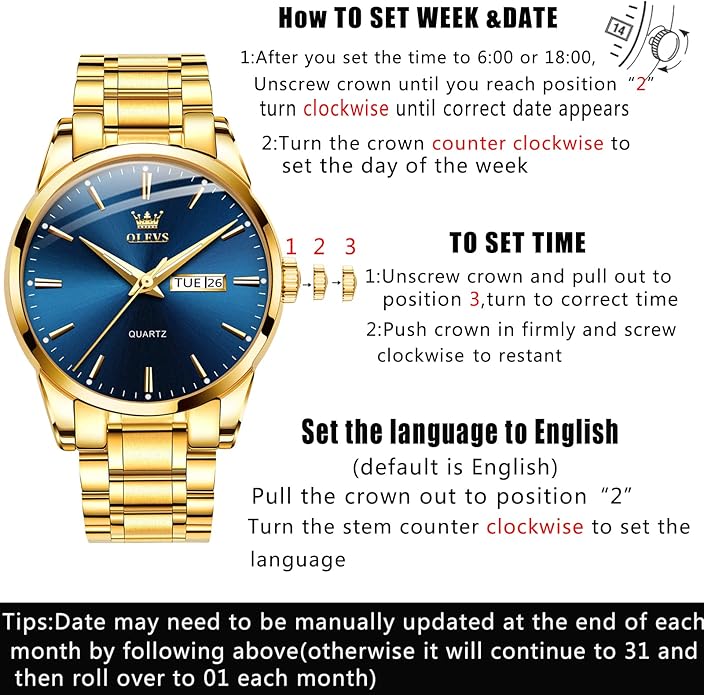 OLEVS Classic Men Watches with Date,Stainless Steel Man Watch with Date, Bussiness Watches for Men,Luminous Quartz Mens Watches Black/White/Blue/Gold, Waterproof Male Watch with Week