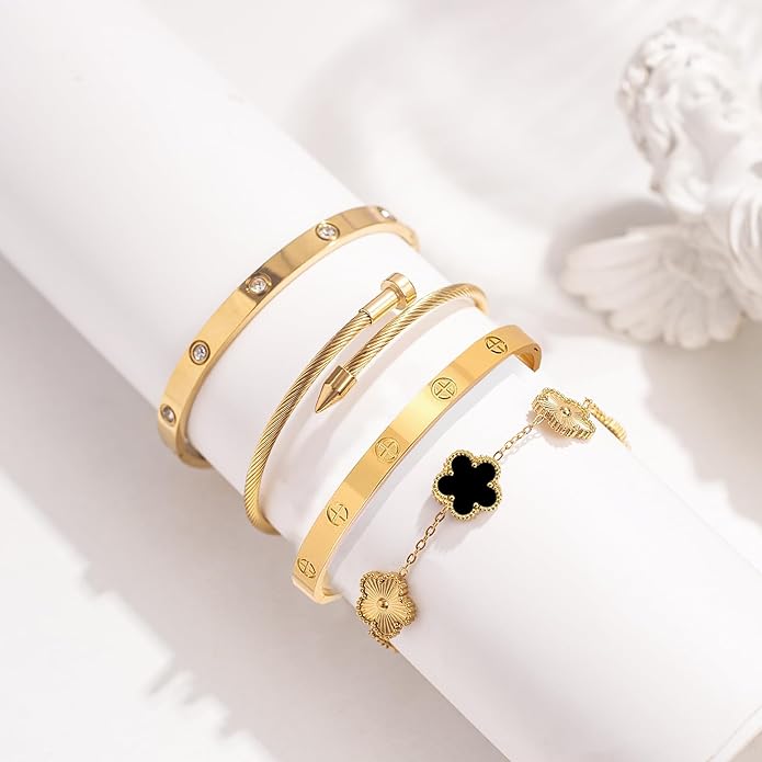 Gold Bracelets for Women-4Pcs/3Pcs,18K Gold Plated Bangle Tennis Bracelets Stack Set for Women Trendy Non Tarnish Stainless Steel Gold Bangles Accessories Designer Jewelry