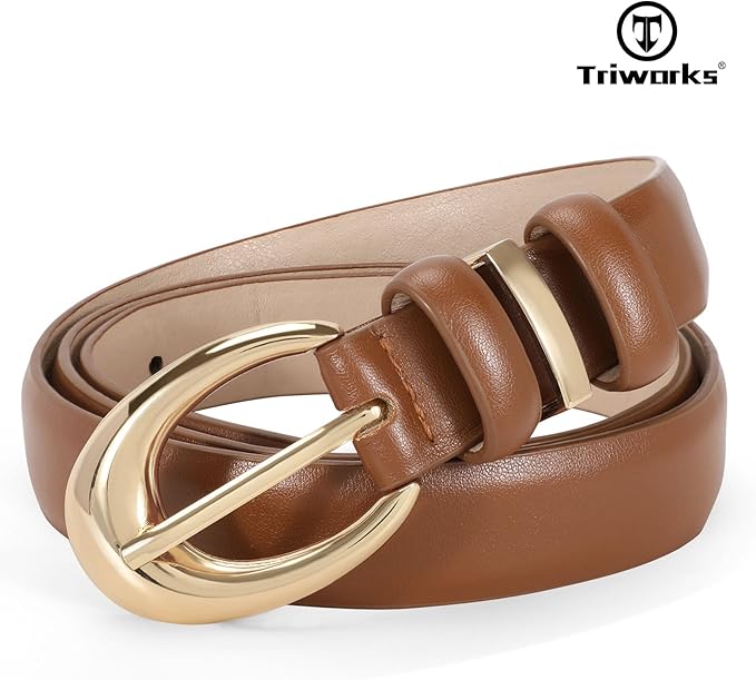 TRIWORKS Women Leather Belt for Jeans Pants Fashion Ladies Skinny Faux Leather Dress belt with Gold Buckle
