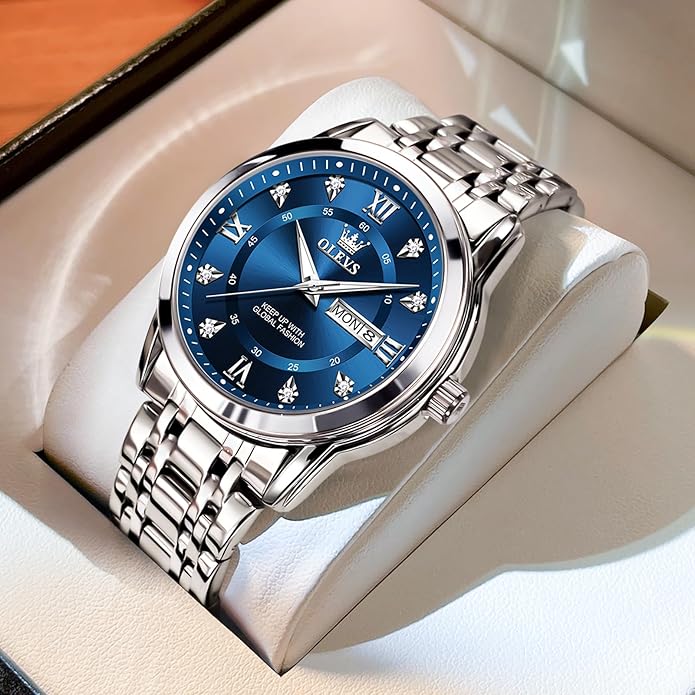 OLEVS Men's Stainless Steel Watch, Large Face Roman Numerals Diamond Accented Three-Hand Analog Quartz Watches for Men, Easy to Read Day Date Waterproof Luminous Mens Wristwatch