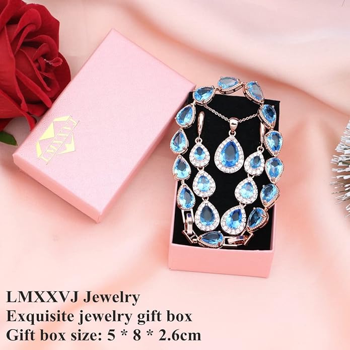 LMXXVJ Necklace Long Earrings Bracelet Set, White Gold Plated Created Blue Sapphire Jewelry Set Wedding Party Gift Jewelry for Women Bridal Bridesmaid