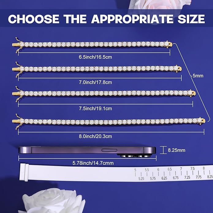 Moissanite Tennis Bracelet for Women Men White/Yellow Gold Plated S925 Sterling Silver D Color VVS1 Round Cut Moissanite Bracelets 2/3/4/5/6MM 6.5/7/7.5/8inch
