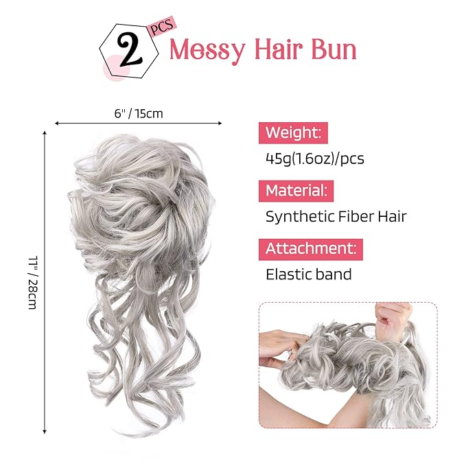 HOOJIH Messy Bun Hair Piece, 2PCS Tousled Updo with Tendrils Hair Bun Extensions Wavy Curly Hair Wrap Ponytail Hairpieces Thick Hair Scrunchies for Women HB010 Dasiy - Warm Gray With Brown mixed
