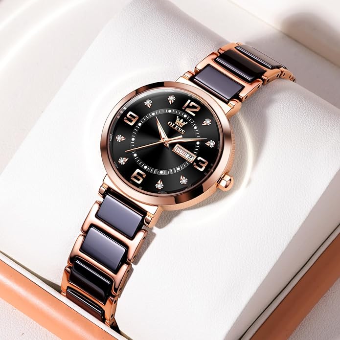 OLEVS Womens Ceramic Watch Luxury Shinning Diamond Rose Gold Watch for Women Analog Quartz Ladies Dress Watches Casual Waterproof Wrist Watches for Woman with Day Date Reloj para Mujer