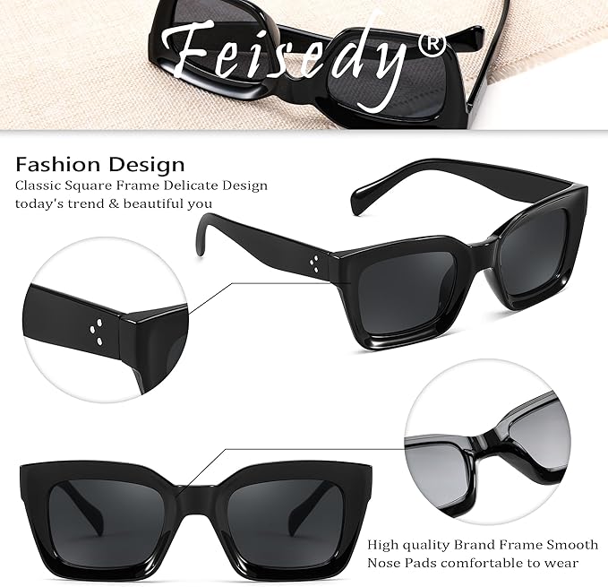 FEISEDY Classic Women Sunglasses Fashion Thick Square Sun Glasses Chunky Frame UV400 B2471