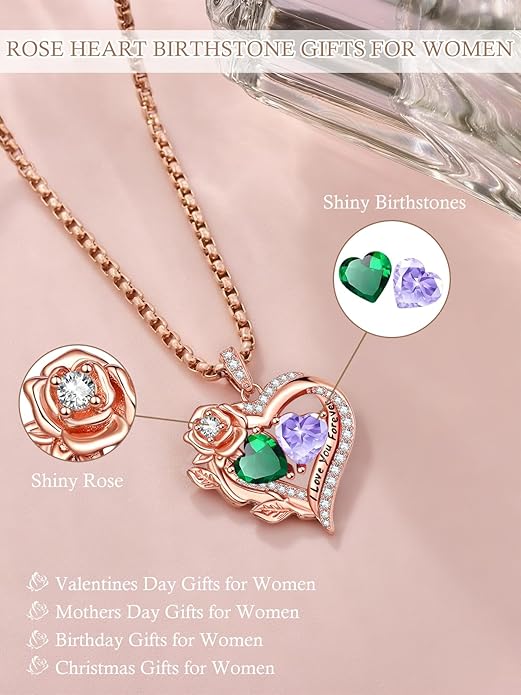 Rose Heart Necklaces for Women, Rose Gold Forever Love Jewelry with 2 Birthstones Pendant, Christmas Anniversarry Birthday Gifts for Her Wife Mom Grandma, 18+2 Inch Chain