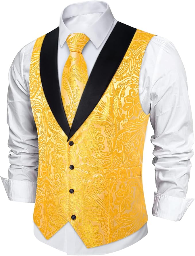 DiBanGu Mens Paisley Suit Vest Silk Jacquard Waistcoat and Necktie Set Formal Shawl Collar Dress Vest 7PCS for Wedding Party