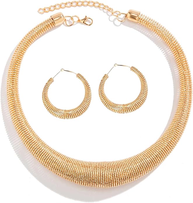 Chunky Gold Hoop Earrings and Spring Statement Necklace Set 2 Piece | Indian Jewelry Sets for Women | Gold Plated Trendy Chunky Hoops & Chunky Chain Gift