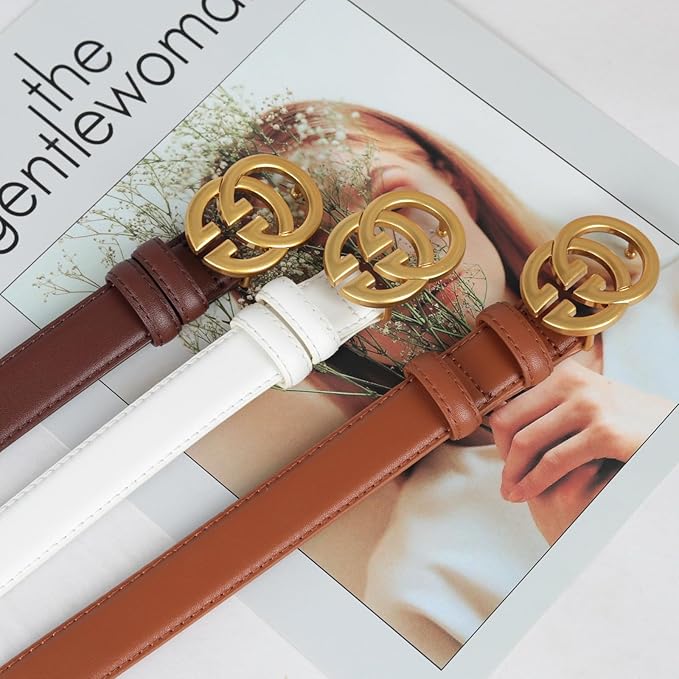 Women's Fashion Classic Metal Buckle Leather Belt with Jeans Dress