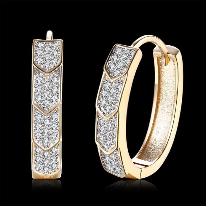 14K Gold Plated Cubic Zirconia Hoop Earrings,Three Row Diamon | Arrows | Double Row of Diamonds Huggie Earrings for Women