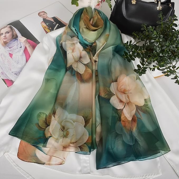 100% Mulberry Silk Women's Neck Silk Scarf-Lightweight Shawl,FLoral Print Beach Silk Wrap-Scarves for Photography