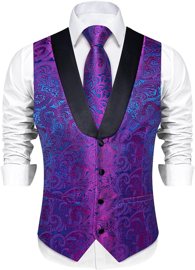 DiBanGu Mens Paisley Suit Vest Silk Jacquard Waistcoat and Necktie Set Formal Shawl Collar Dress Vest 7PCS for Wedding Party