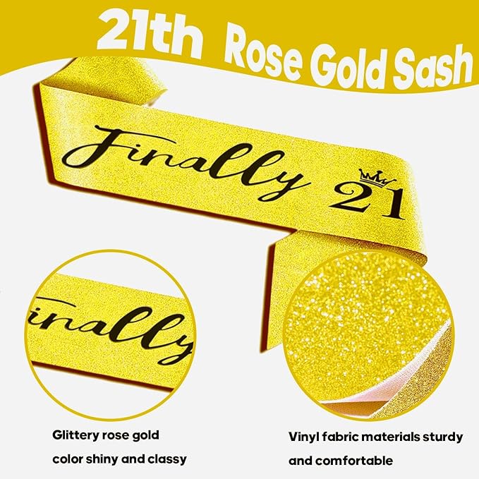 Girls 21st Birthday Decorations Set, Include Crown and Sash, Cake Topper and Candles, Gold Balloons, Party Supplies