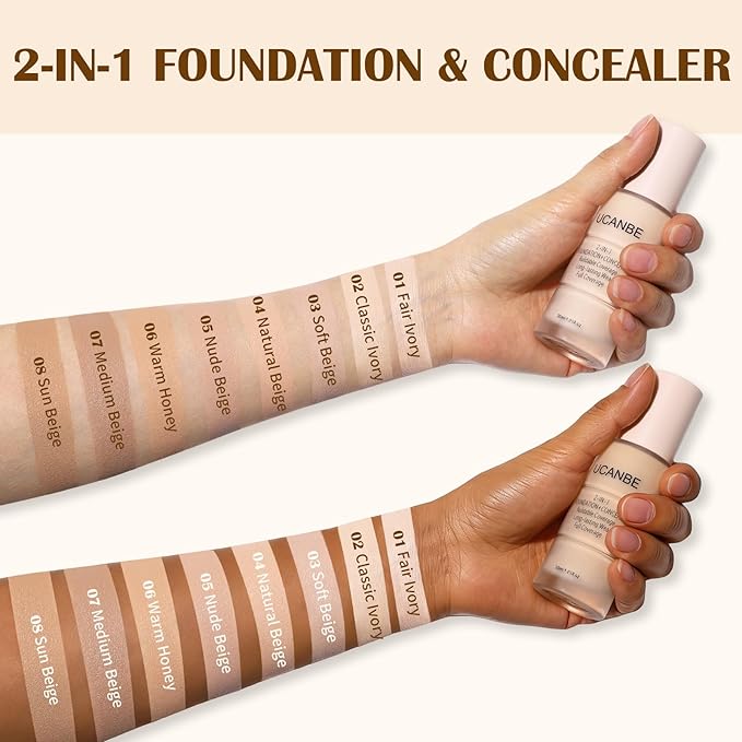 UCANBE 2-IN-1 Foundation + Concealer, Full Coverage Long-Lasting Matte Makeup for Normal, Combination and Oily Skin, Buildable Waterproof Formula with Hyaluronic Acid （06 Warm Honey）