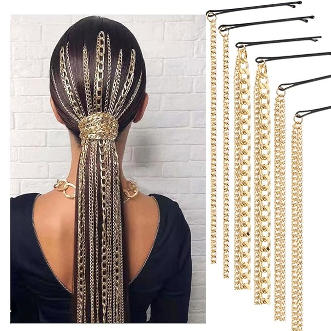 6PCS Dreadlocks Metal Tassel Ponytail Multi-Strand Hair Chain Prom Party Concave styling hair accessories hair extension chain with clip for girls and women(gold)