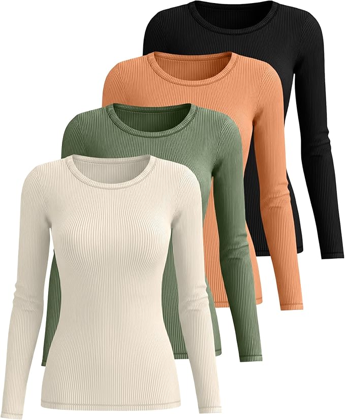 Neer 4 Pack Women's Ribbed Long Sleeve Shirts, Cotton Crew Neck Slim Fit Tops Stretch Knit Casual Base Layer Basic Tee Shirts