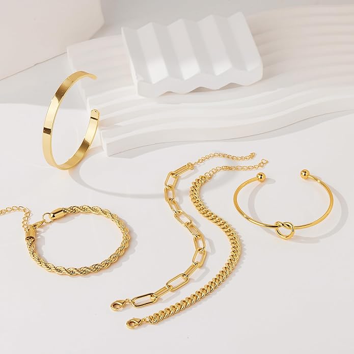 Gold Bracelets Set for Women Non Tarnish, 14K Gold Plated Sterling Silver Chunky Cuff Bracelet Stackable Gold Bangles Bracelet for Women Trendy Fashion Accessories Tie Knot Cuban Rope Paperclip Beaded Bracelet Stack Jewelry Valentines Day Gifts