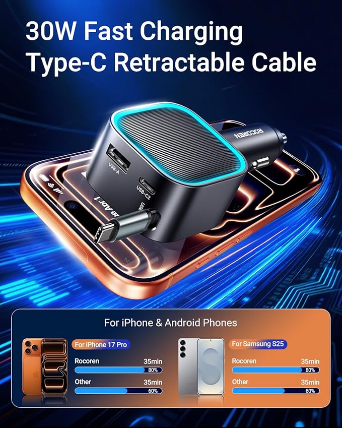 Retractable Car Charger USB-C,Rocoren 57W 3-in-1 Type C Fast Car Charging [Ultra-Compact Mini] with Cord Cigarette Lighter Adapter Car Accessories for iPhone17/16/15,S25 Android,Gifts for Women Men