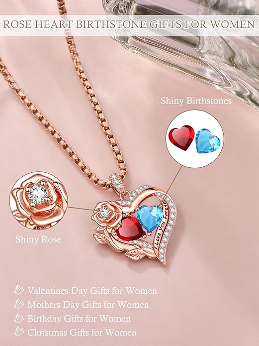 Rose Heart Necklaces for Women, Rose Gold Forever Love Jewelry with 2 Birthstones Pendant, Christmas Anniversarry Birthday Gifts for Her Wife Mom Grandma, 18+2 Inch Chain