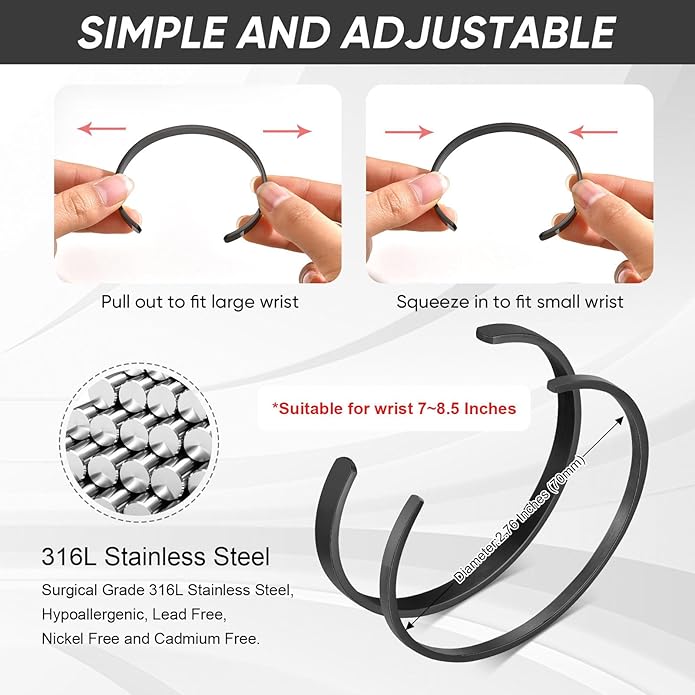 MEALGUET Stainless Steel Mens Cuff Bracelet : Minimal Cool Silver/Black/Gold Plated Open Metal Cuff Bangle Bracelets for Men,Mens Bracelet Jewelry Gift