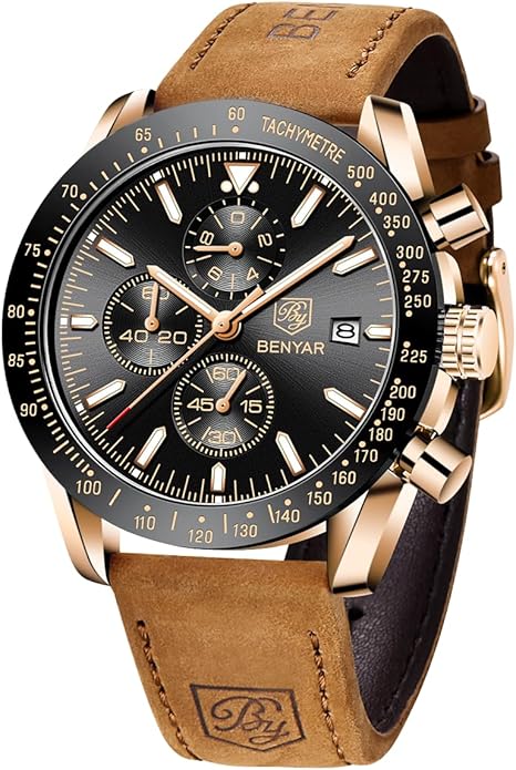 BY BENYAR Watch for Men Analog Quartz Chronograph Waterproof Luminous Designer Mens Wrist Watches Business Work Sport Casual Dress Watch with Silicone Strap Elegant Gifts for Men