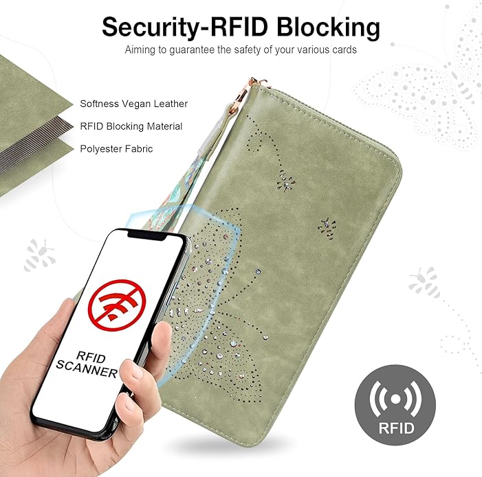 RFID Wallet Women, Large Capacity Butterfly Cell Phone Clutch Purses Ladies Wristlet Wallets for Women