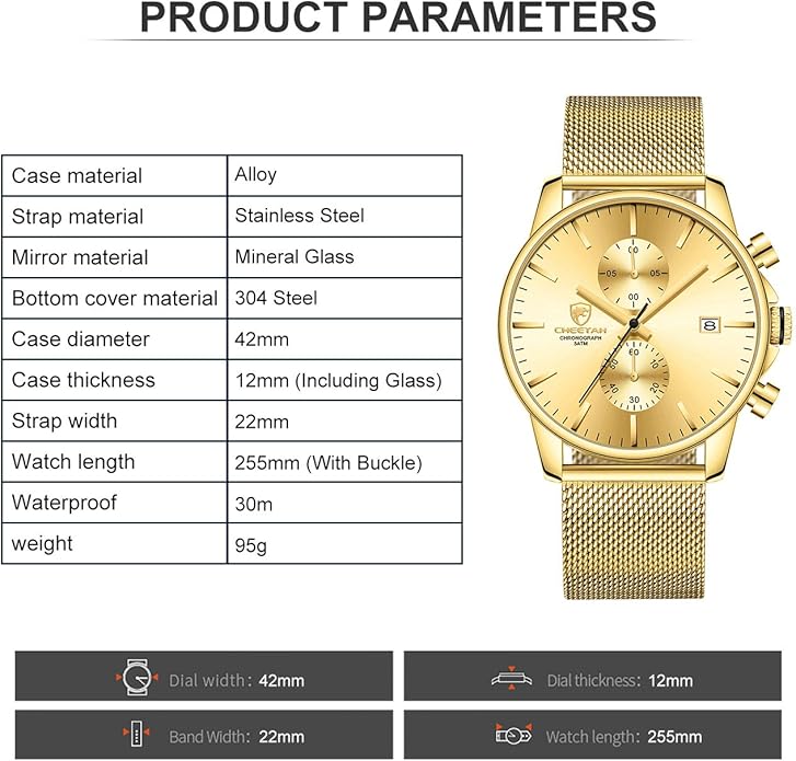 GOLDEN HOUR Mens Watch Fashion Sleek Minimalist Quartz Analog Mesh Stainless Steel Waterproof Chronograph Watches for Men with Auto Date