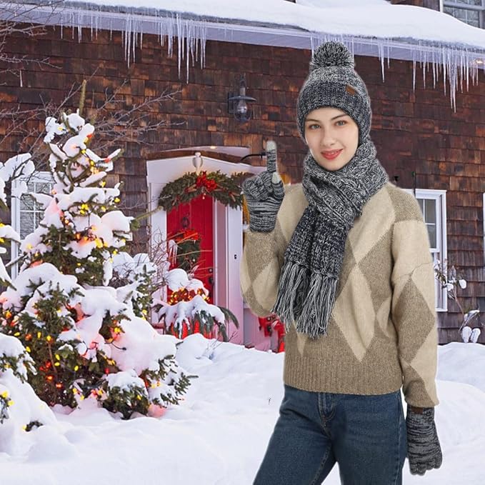 Winter Hat Scarf Gloves Set for Women Womens Knit Warm Hat Beanie Long Scarf Touchscreen Gloves Skull Caps Neck Scarves