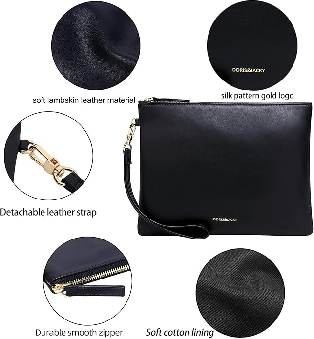 DORIS&JACKY Lambskin Leather Wristlet Clutch Purse for Women Soft Designer Slim Cell Phone Pouch Bag with Detachable Strap