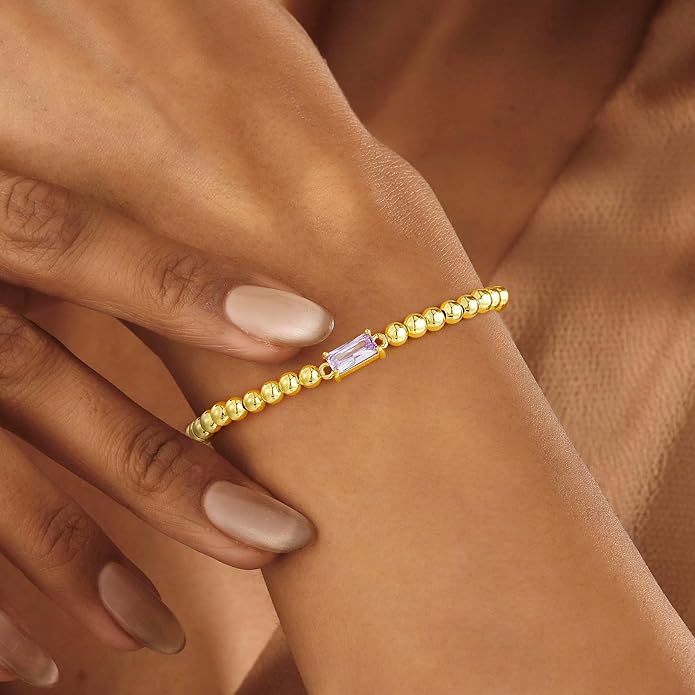 Yoosteel Dainty Birthstone Bracelet for Women - Elastic 14K-Gold-Plated Bead Bracelets Trendy Friendship Birthday Jewelry Gifts for Women