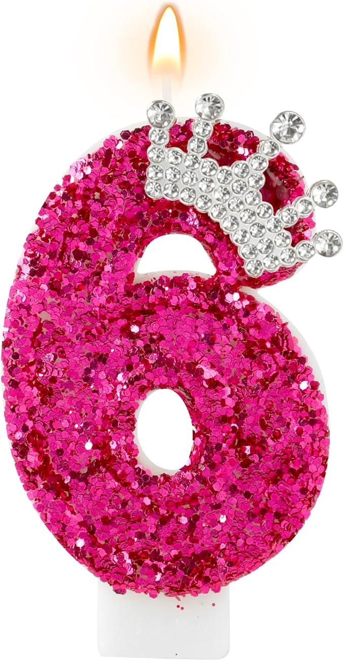 Hot Pink Birthday Candles Crown Number 6 Candle Birthday Party Decorations Cake Topper Cupcake Decor for Anniversary Celebrations Supplies