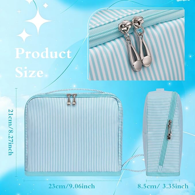 Striped Makeup Bag Large Cosmetic Bags for Women Gift with Brush Loops Mesh Pocket Wrist Strap Travel Organizer Storage Pouch Toiletry Case with Divider for Mirror(Summer Blue)