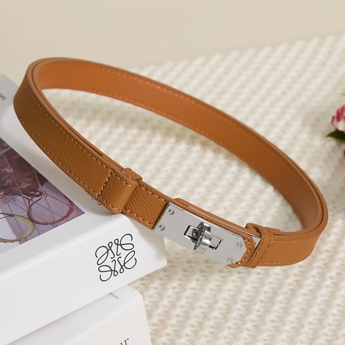 Skinny Leather Belts for Women with Adjustable Silver Turn-Lock Buckle for Dresses Jeans and Pants