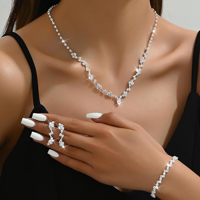 Wedding Jewelry Sets for Brides Silver Rhinestone Necklaces Earring Bracelet Set Wedding Sets for Women Prom Jewelry Sets for Women