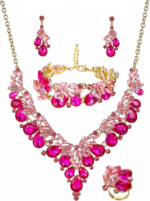 Jewelry Set for Women, Statement Necklace Dangle Earrings Bracelet Ring, White/KC Gold Plated Jewelry Set with Rhinestone Pearl Crystal Wedding Party Jewelry for Bridal Bridesmaid